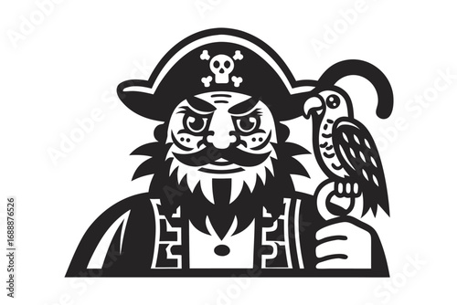 Black Pirate Captain with Parrot on White Background