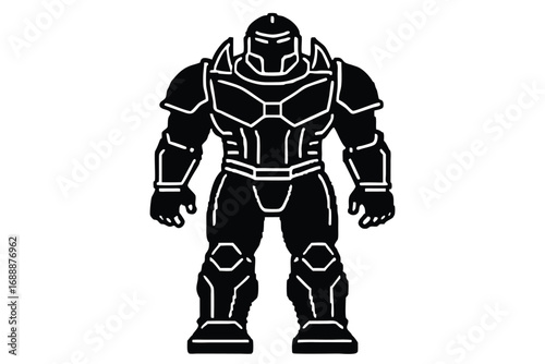 Black Silhouette of Armored Robotic Warrior Figure on White Background