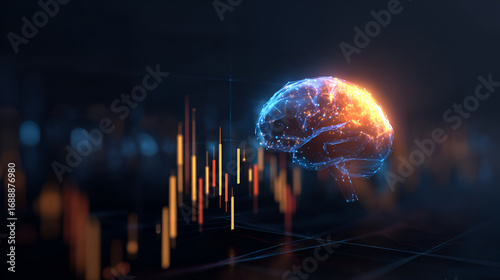 A digital brain with glowing connections and stock market chart on a dark background