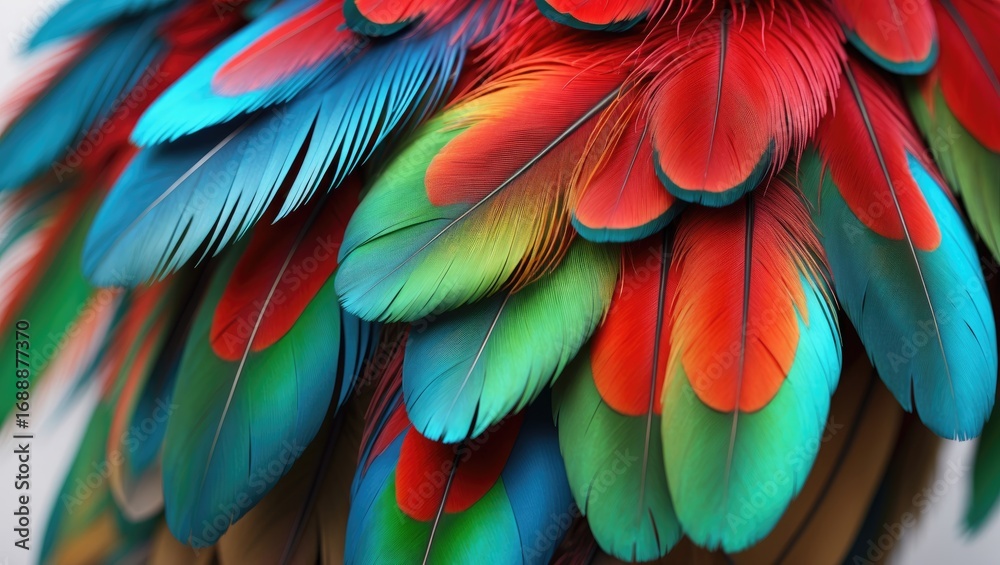 Obraz premium Colorful bird feathers with vibrant hues of red, blue, green, and orange showcasing intricate detail.