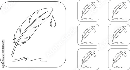 Set of feather quill pen icons isolated on a white background, representing writing, history, and vintage style