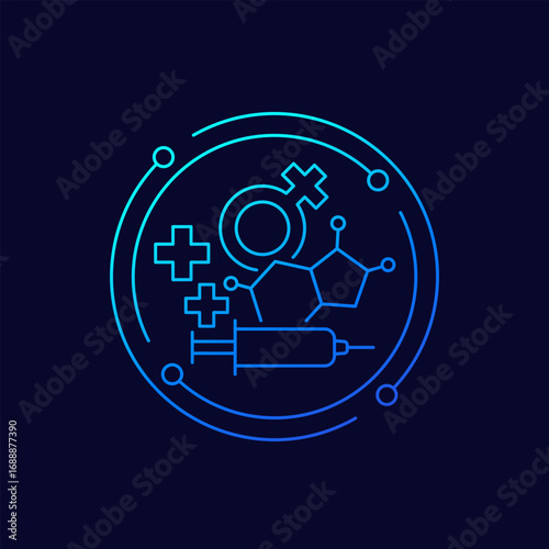 Estrogen therapy icon, molecule and syringe, linear design