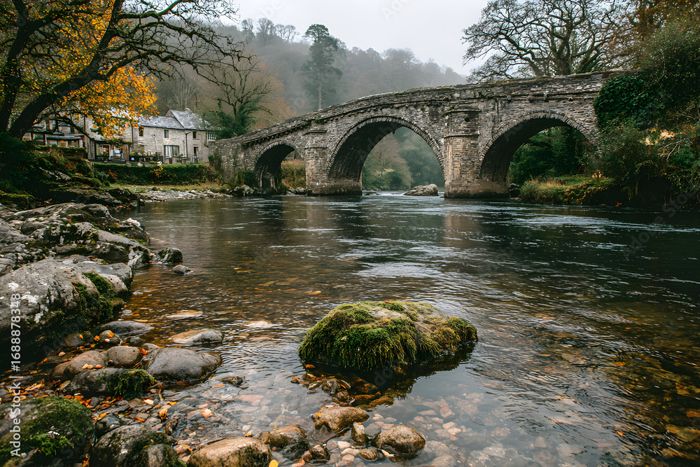 Fototapeta premium Stone arch bridge over a river in a misty forest setting.
