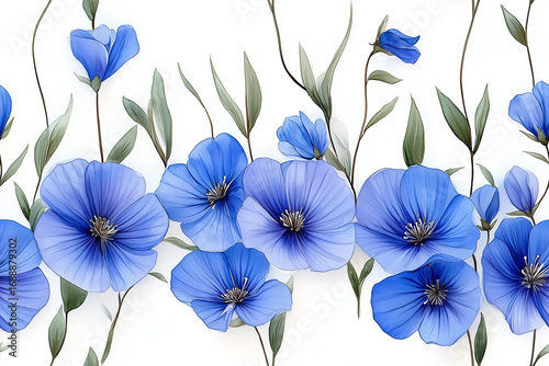 Delicate blue flowers create a seamless horizontal pattern with slender stems and fresh leaves in watercolor style.