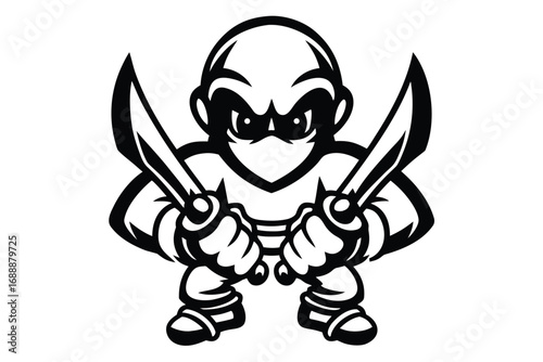 Cartoon Ninja Warrior Ready with Katana Swords in Black and White