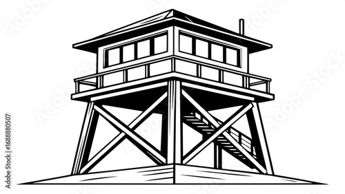 Monochrome outline of a ranger lookout tower, platform with railing, small roof, triangular wooden supports, balanced and centered, bold minimal style.