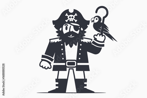 Cartoon Pirate with Eye Patch, Hook Hand, and Parrot on a White Background