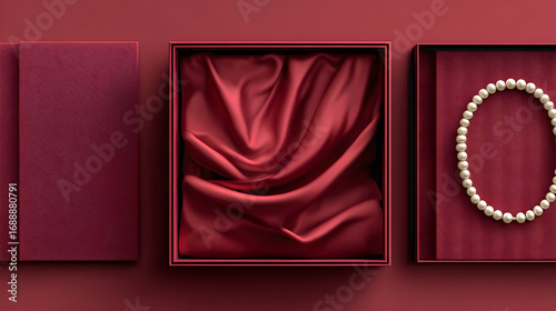 Three open red jewelry boxes on a red background. One box contains a pearl necklace.
