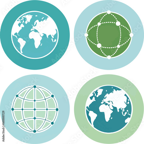 Flat Circle World and Global Network Icons – Internet Connectivity and Digital Communication