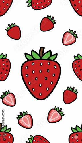 Cute Kawaii Strawberry Pattern, Vibrant Red and Green Fruit Vector Illustration, Seamless Repeat Design for Summer and Food Themes