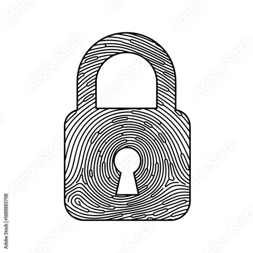 Padlock with fingerprint pattern silhouette isolated on white background