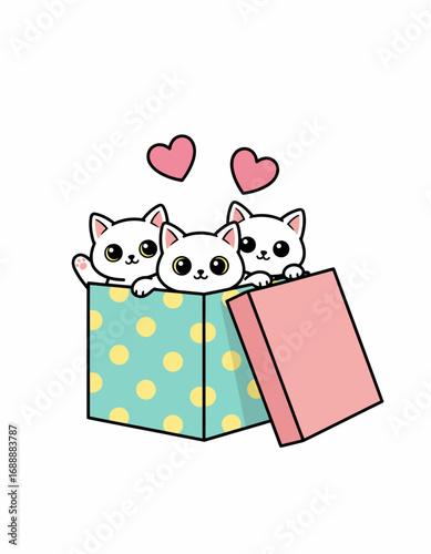 Cute Kittens in a Gift Box Kawaii Illustration - Adorable White Cats with Hearts for Valentines, Pets, Gifts

