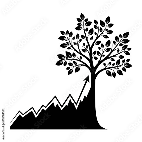 Tree silhouette with upward trending graph isolated on white background