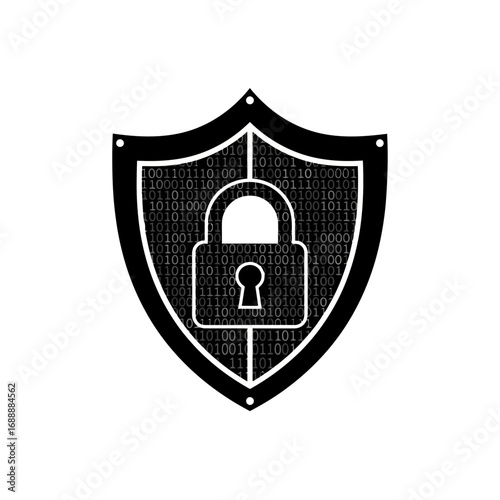 Digital security shield with padlock and binary code silhouette isolated on white background
