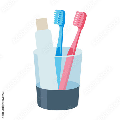 A dental toothbrush with toothpaste on it is isolated on a white background with a glass of water, symbolizing oral hygiene and health care