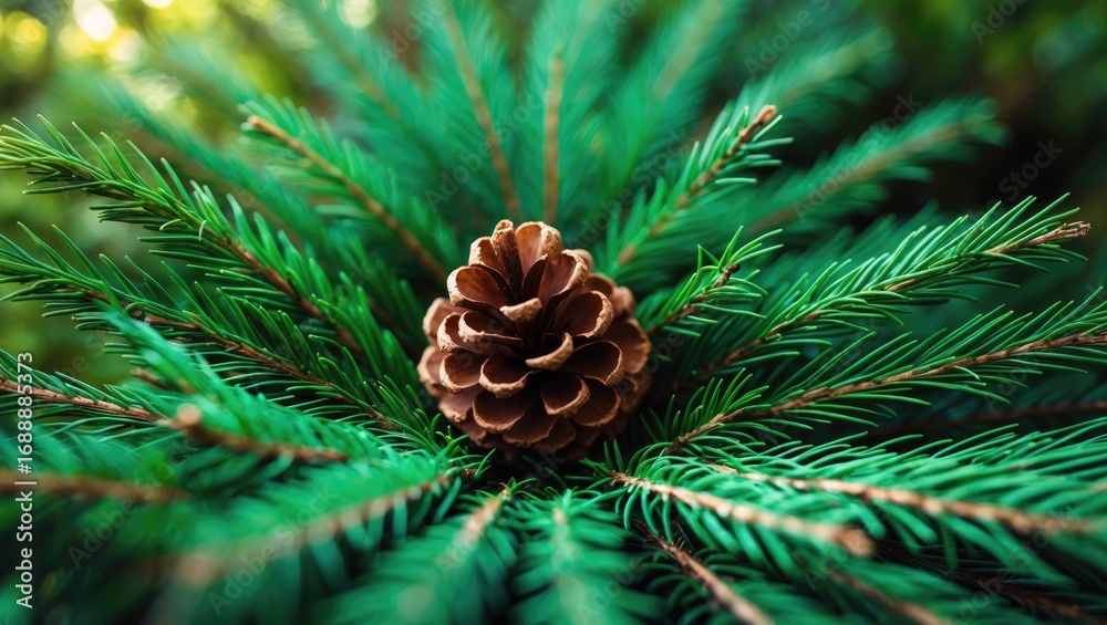 Fototapeta premium Close-up of a pine cone nestled among vibrant green pine needles.