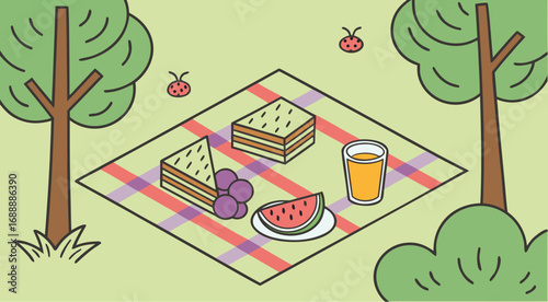 Picnic Food with Sandwiches, Fruits, and Juice on Blanket