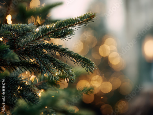 Close up of Christmas tree branch adorned with twinkling lights creates warm and festive atmosphere. blurred background enhances holiday spirit with glowing bokeh effects