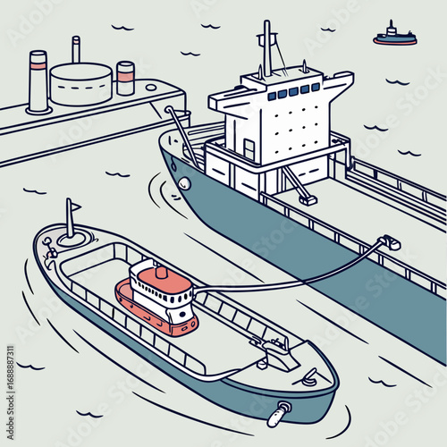 Detailed Illustration of Cargo Ships and Tugboat at Harbor