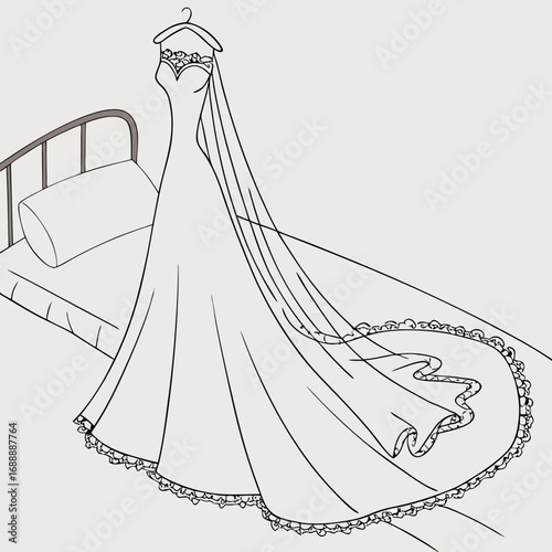 Elegant White Wedding Gown with Long Train and Lace Detail