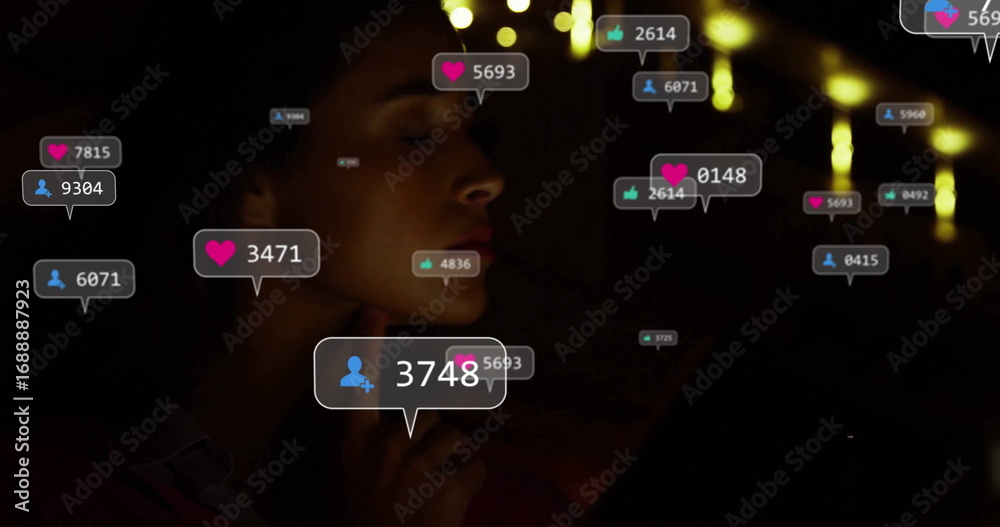 Fototapeta premium Contemplating woman wearing casual top gazing at laptop screen at home, with floating notifications