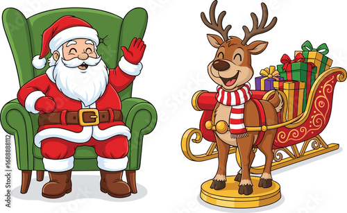 Happy Santa Claus sitting on green armchair waving hand with smiling reindeer pulling sleigh full of colorful Christmas gifts.