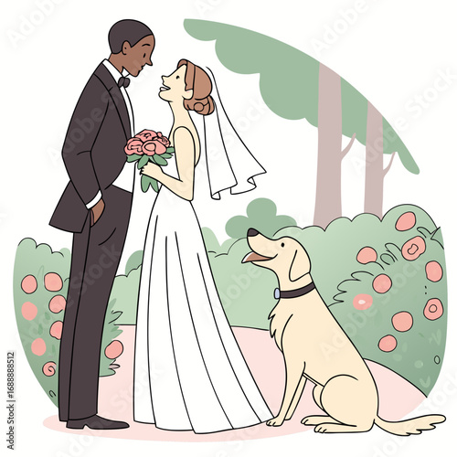 Happy Couple Wedding Day Illustration with Dog in Pastel Colors