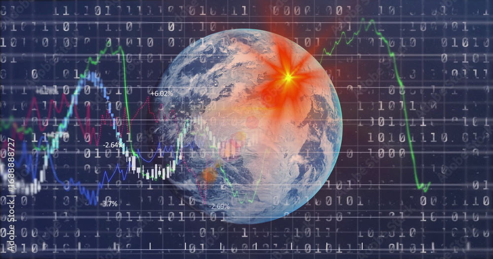 Obraz premium Displaying Earth globe with binary code, line graphs and percentage labels in virtual interface