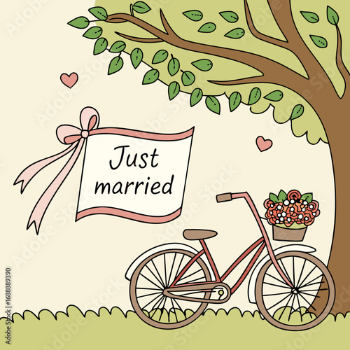 Just Married Bicycle Illustration with Flowers and Tree