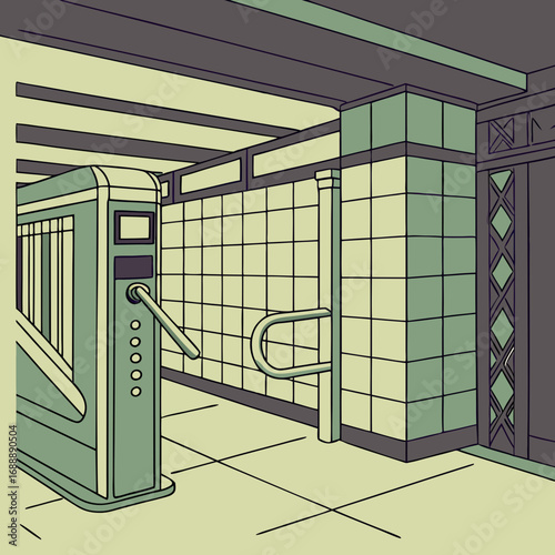 Retro Subway Station Entrance with Green Turnstile