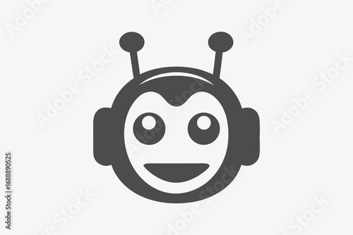 Gray Smiling Robot Face, Antennae, Headphone Style Ears, Technology Mascot,