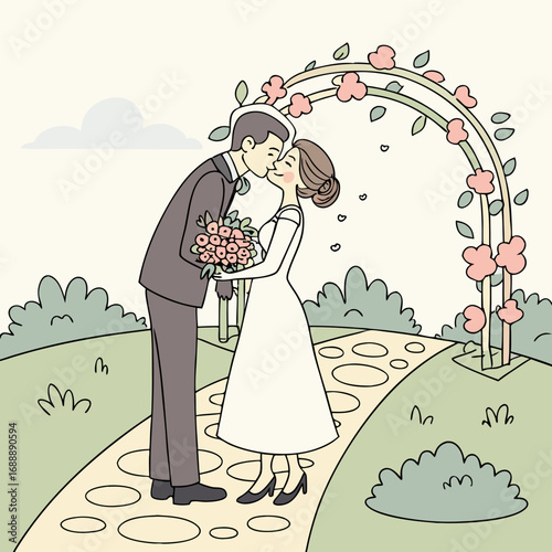 Romantic Couple Kissing Under Floral Arch in Pastel Garden Illustration