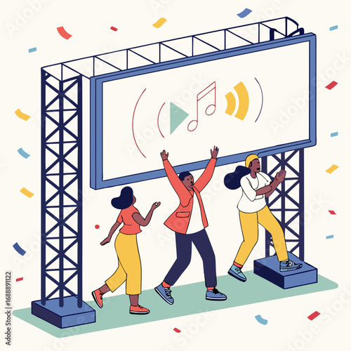 Three Excited People Celebrating in Front of a Large Digital Billboard