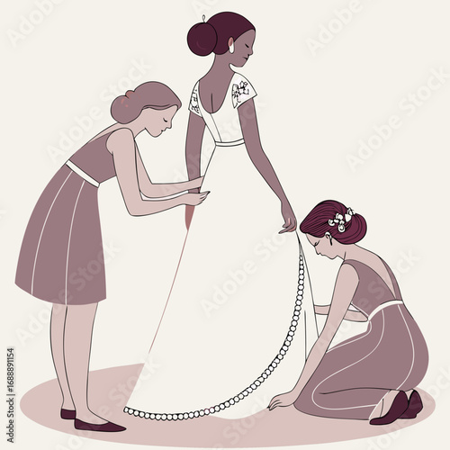 Three Women Assisting Bride in Wedding Dress Preparation