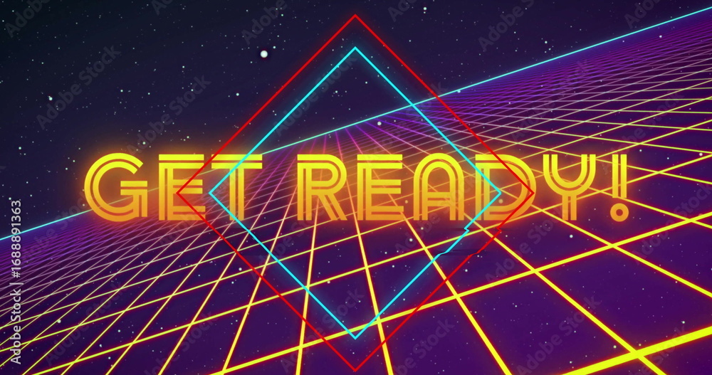 Naklejka premium GET READY text glowing on retro-futuristic yellow grid floor, with red cyan neon diamond outlines