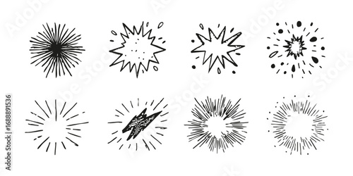Hand-Drawn Comic Explosion Elements Set. Dynamic Energy Burst Collection. Isolated Vector Illustration