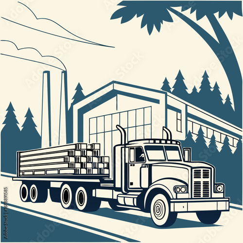 Vintage Illustration of a Truck Hauling Lumber Near a Factory