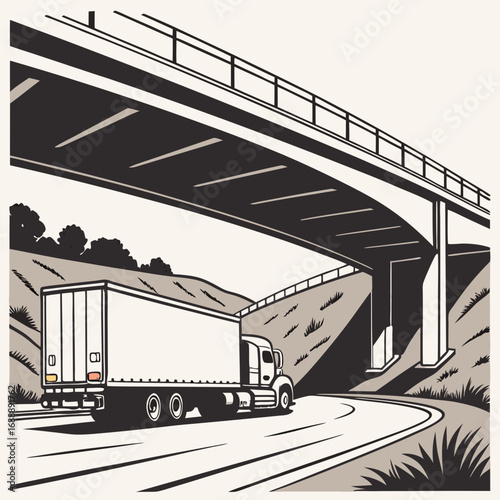 White Semi Truck Driving Under Highway Overpass on Winding Hilly Road