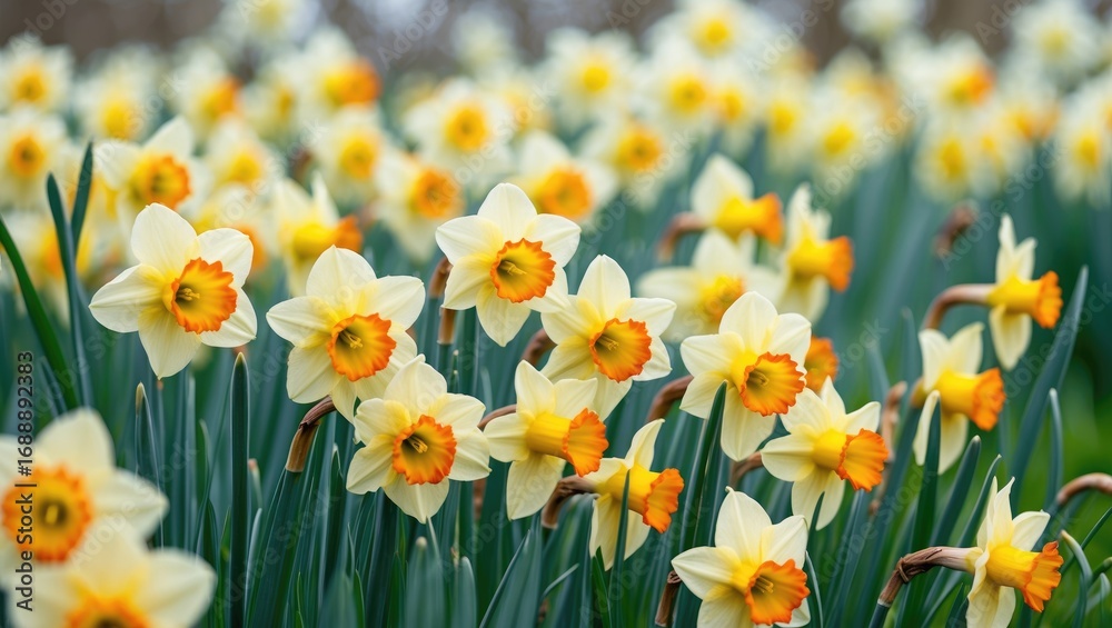Obraz premium A field of daffodils with yellow petals and orange trumpet-shaped centers in full bloom.