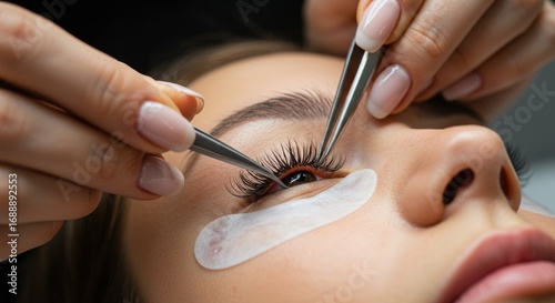 Woman receiving eyelash extensions application using tweezers in a beauty salon.
