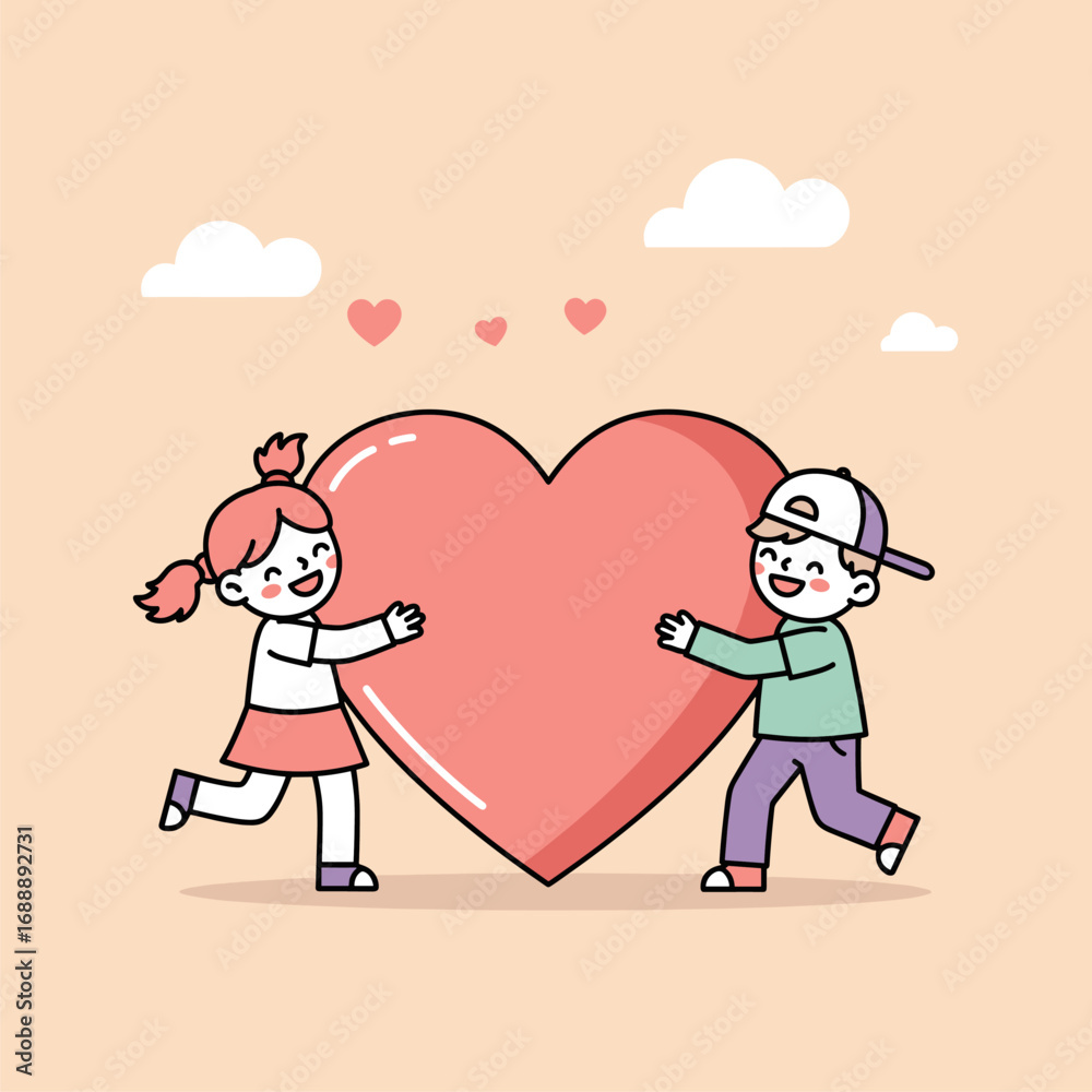 Obraz premium Happy Children Sharing a Giant Heart, Valentine's Day Illustration