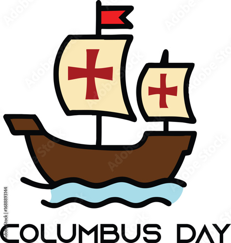 Historic sailing ship illustration with red cross sails on ocean waves for Columbus Day celebration and commemoration