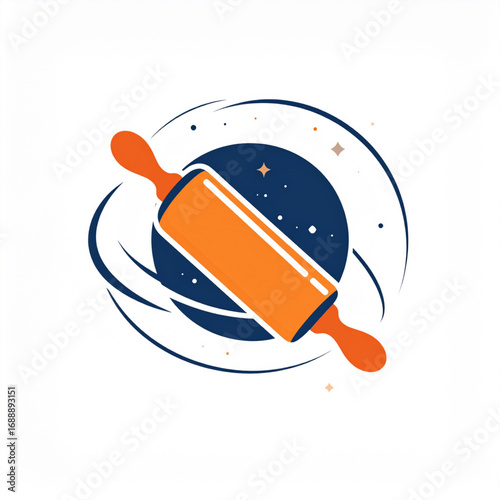Flat Vector Logo Icon Of Rolling Pin Shaped Like Planet Orbit For Bakery And Cooking Design
