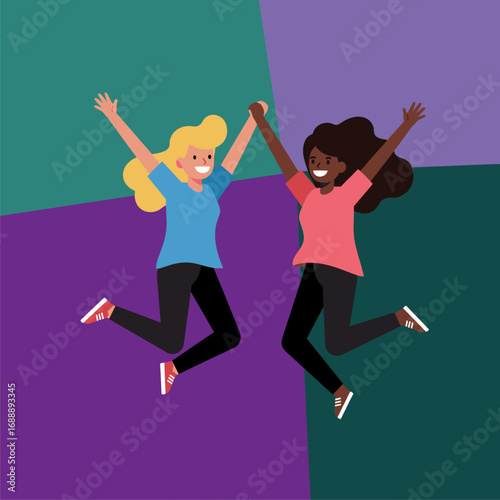 Joyful Diverse Women Jumping Together, Celebrating Friendship