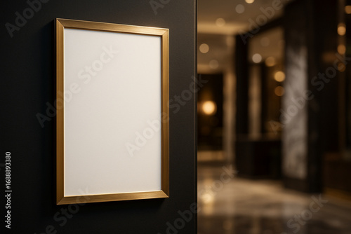Elegant blank vertical gold frame mockup on a dark wall in a luxury office lobby, premium template for corporate branding.