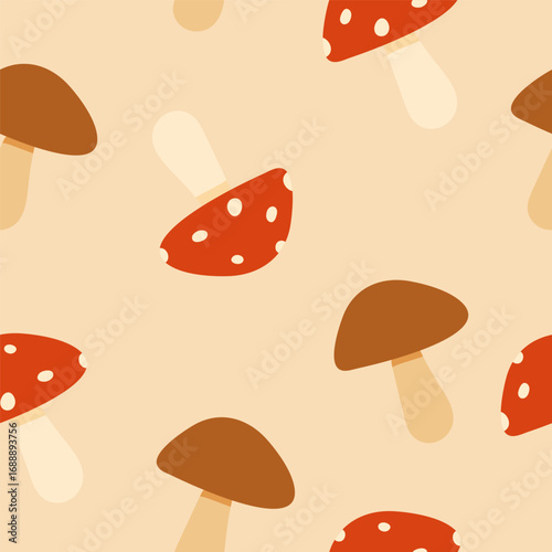 Seamless pattern with mushrooms. Simple flat style illustration with boletus and fly agaric on beige background.