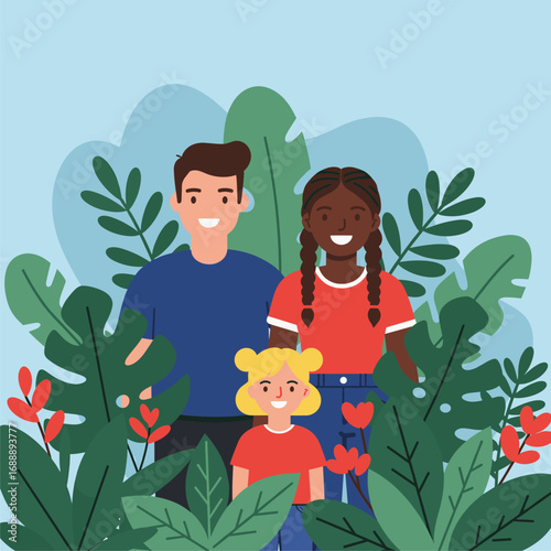 Happy Diverse Family Portrait Amidst Lush Tropical Foliage