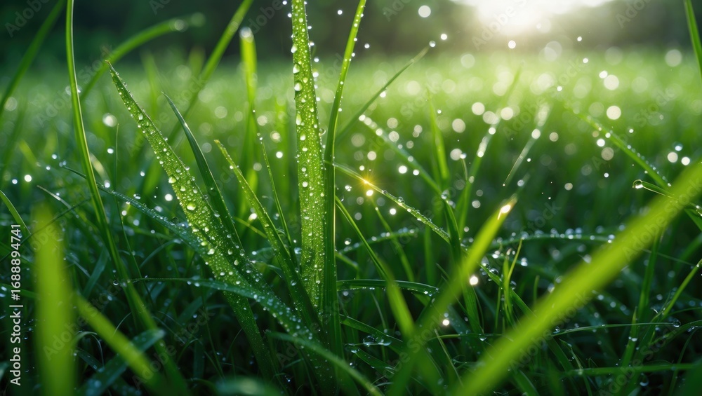 Obraz premium Fresh grass with dew drops in the morning sunlight. Nature and environment, growth and freshness, natural beauty, and morning ambiance.