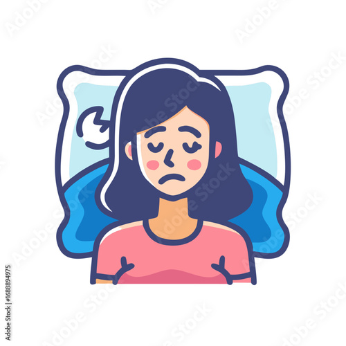 Insomnia icon. Sad woman on pillow. Awake person