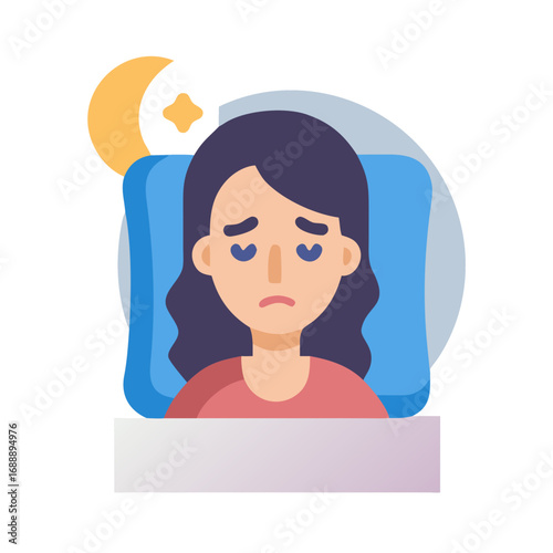 Insomnia icon. Sad woman on pillow. Awake person